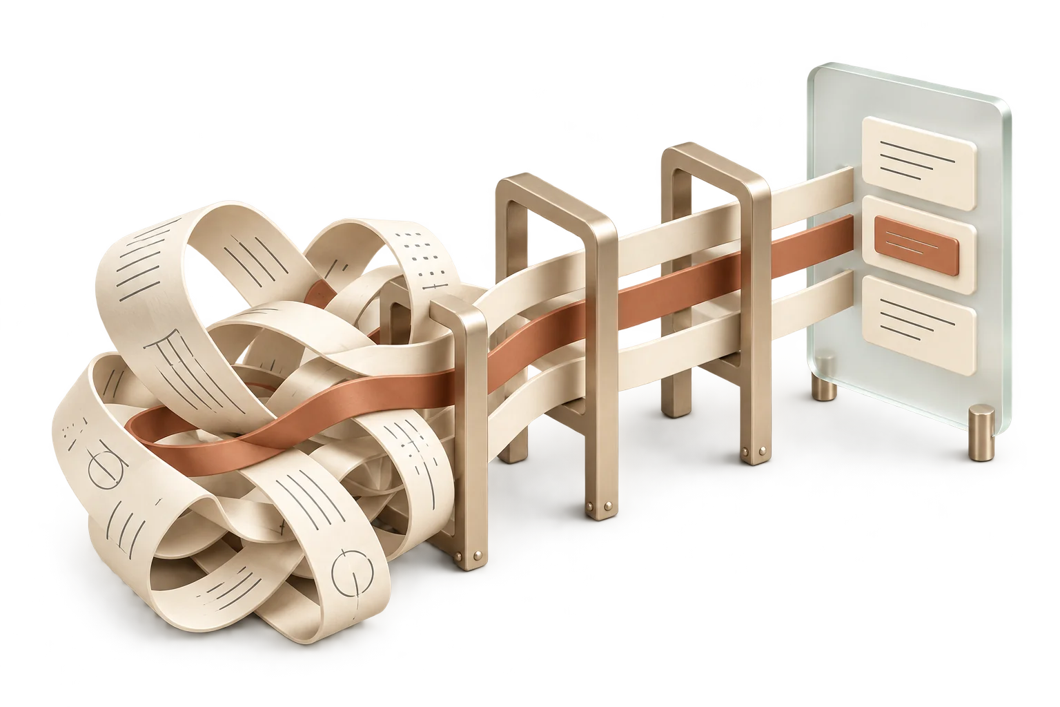 Tangled information ribbons become ordered paths and a clear, structured output.